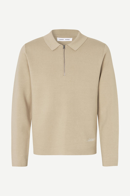 beige quater zip long sleeve polo knit on white background