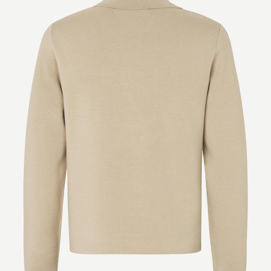 beige quater zip long sleeve polo knit on white background rear view