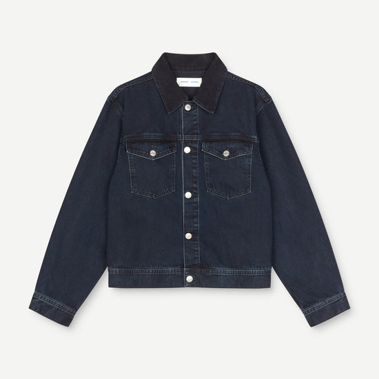 dark blue denim jacket on a white background