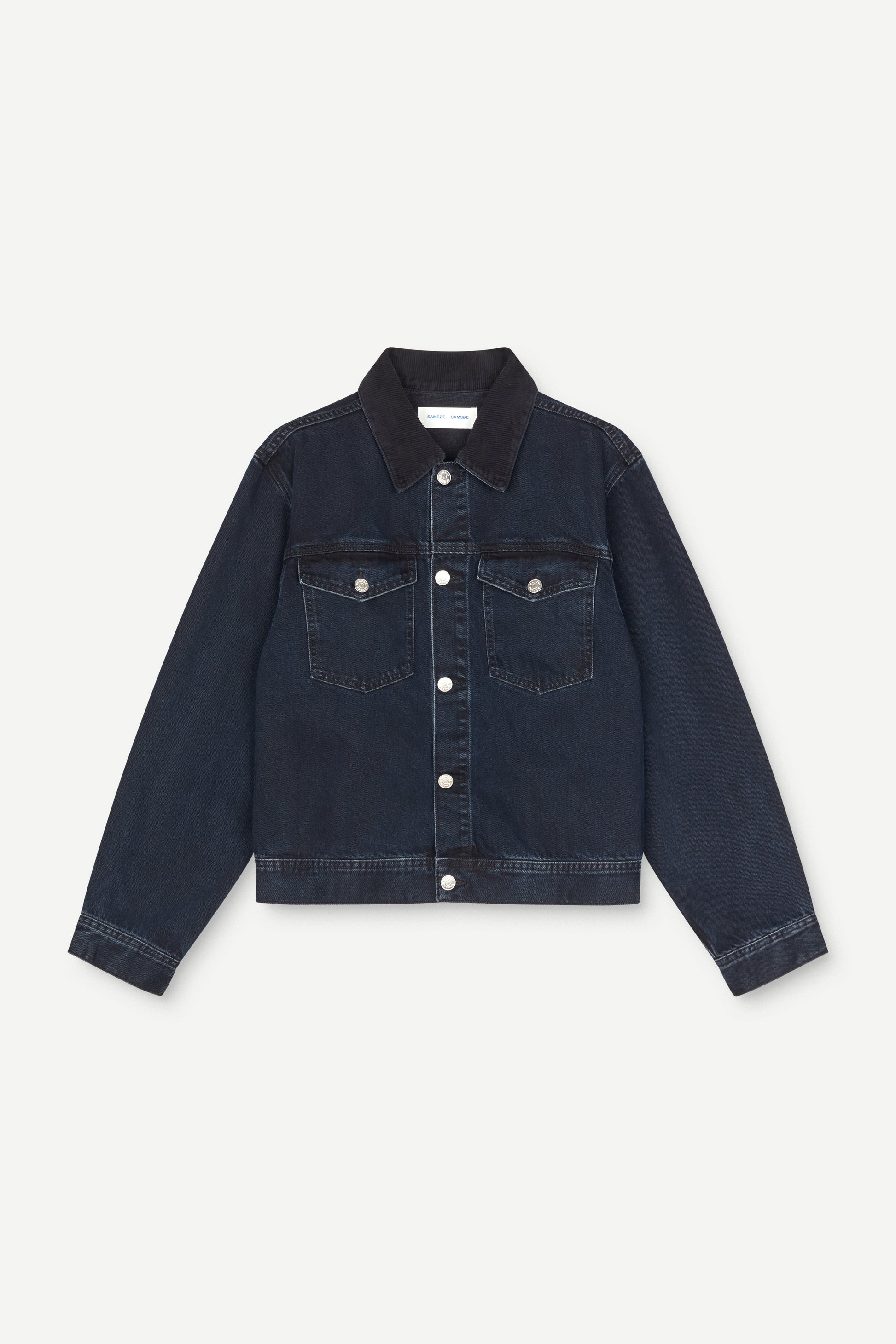 dark blue denim jacket on a white background