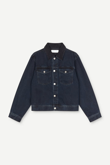dark blue denim jacket on a white background