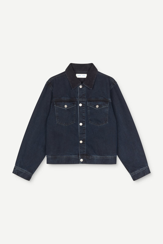 dark blue denim jacket on a white background