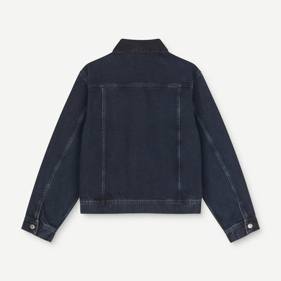 dark blue denim jacket on a white background