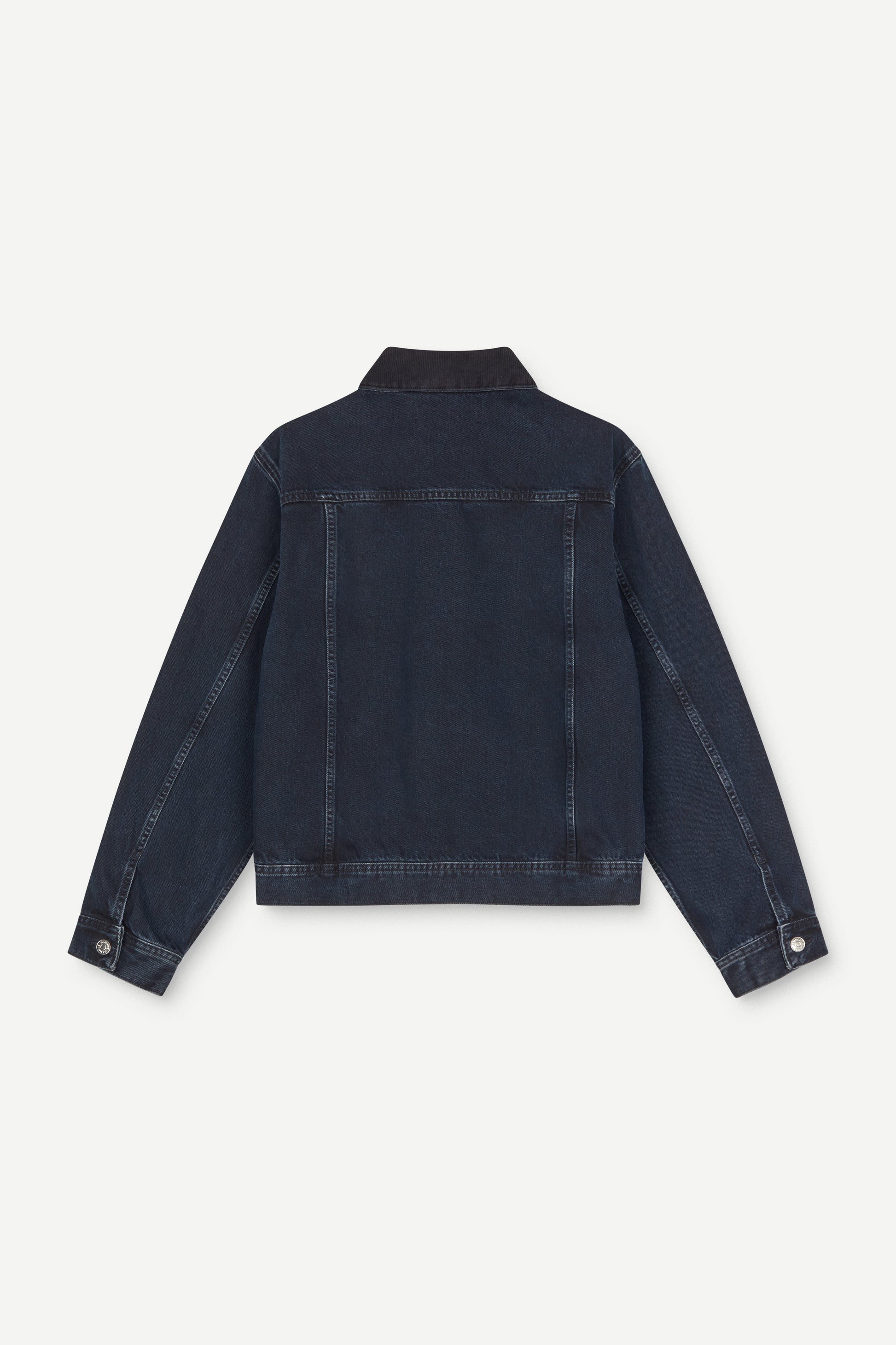 dark blue denim jacket on a white background