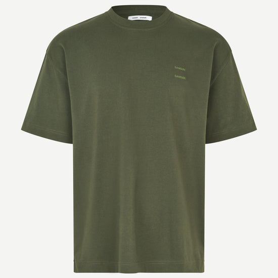 forest green t shirt with Samsoe branding on a white background