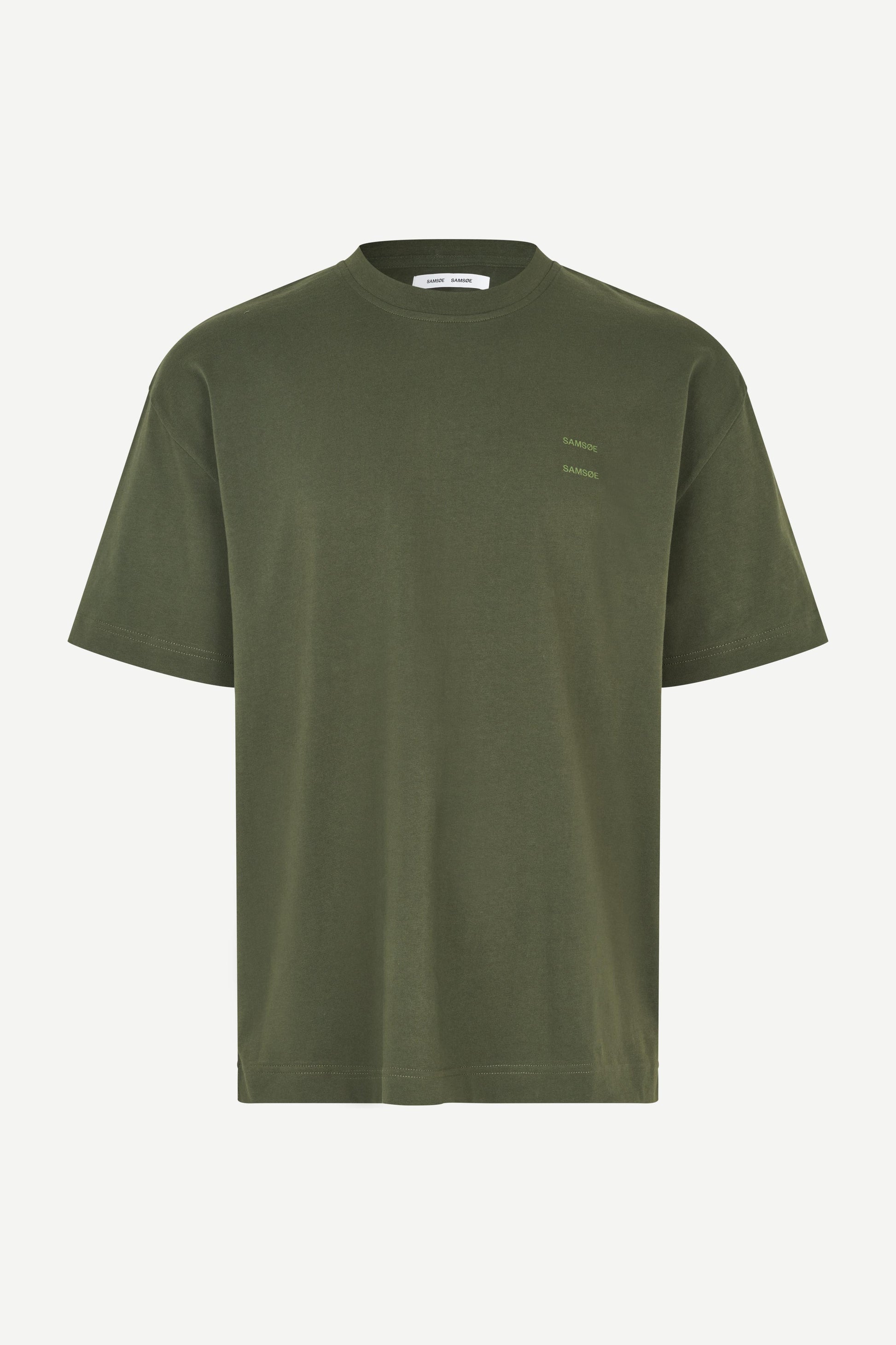 forest green t shirt with Samsoe branding on a white background