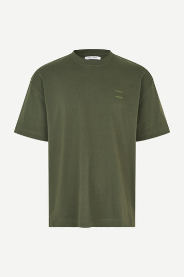 forest green t shirt with Samsoe branding on a white background
