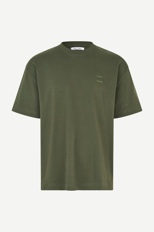 forest green t shirt with Samsoe branding on a white background
