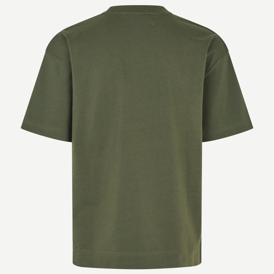 forest green t shirt with Samsoe branding on a white background rear view