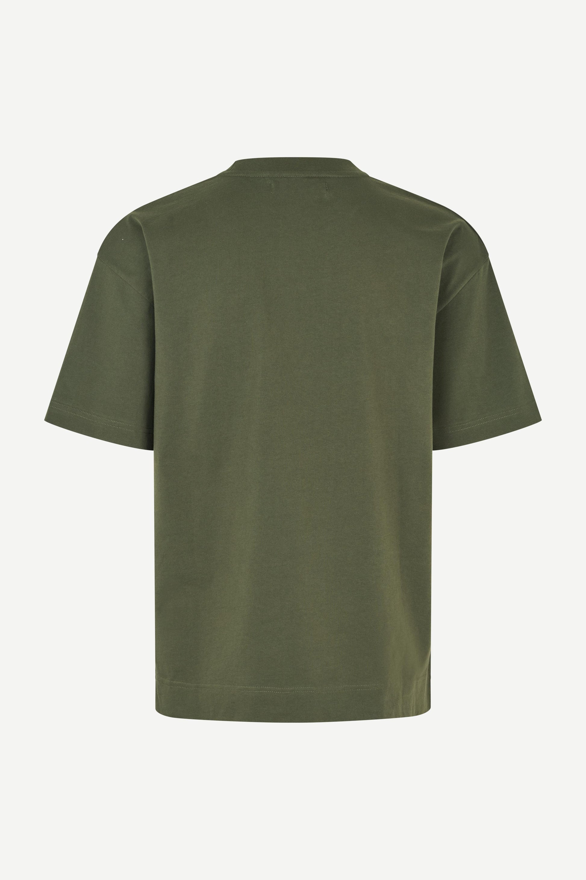 forest green t shirt with Samsoe branding on a white background rear view