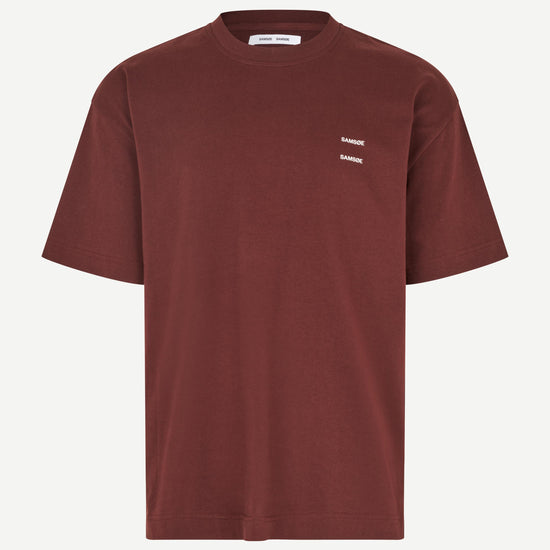 burgundy t shirt with samsoe branding on a white background