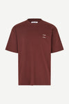 burgundy t shirt with samsoe branding on a white background