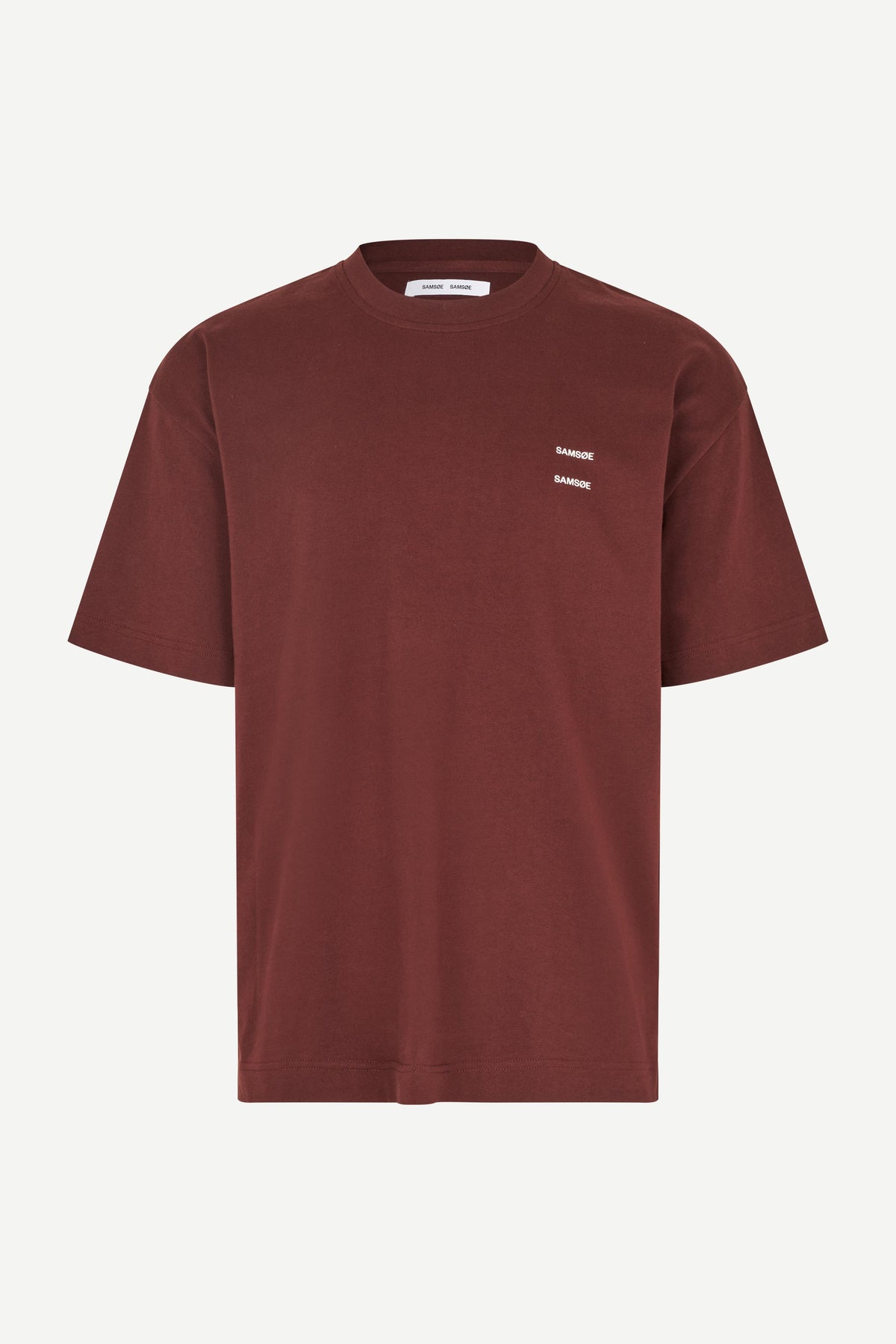 burgundy t shirt with samsoe branding on a white background