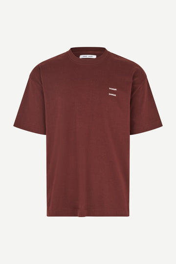 burgundy t shirt with samsoe branding on a white background