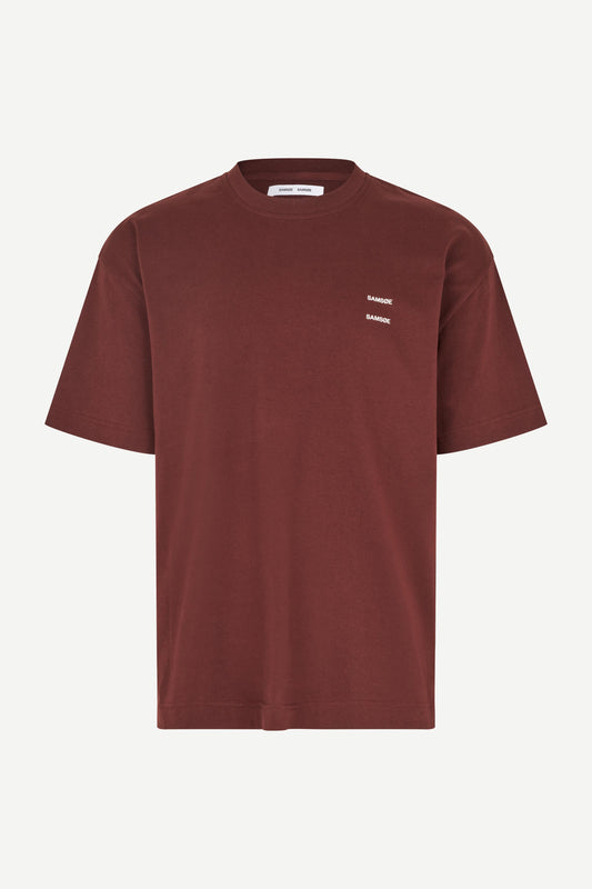 burgundy t shirt with samsoe branding on a white background
