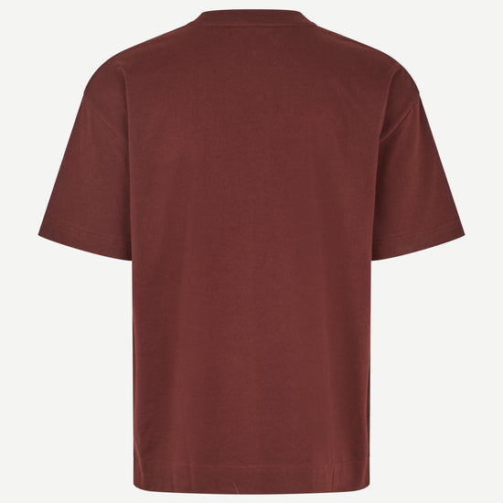 burgundy t shirt with samsoe branding on a white background rear view