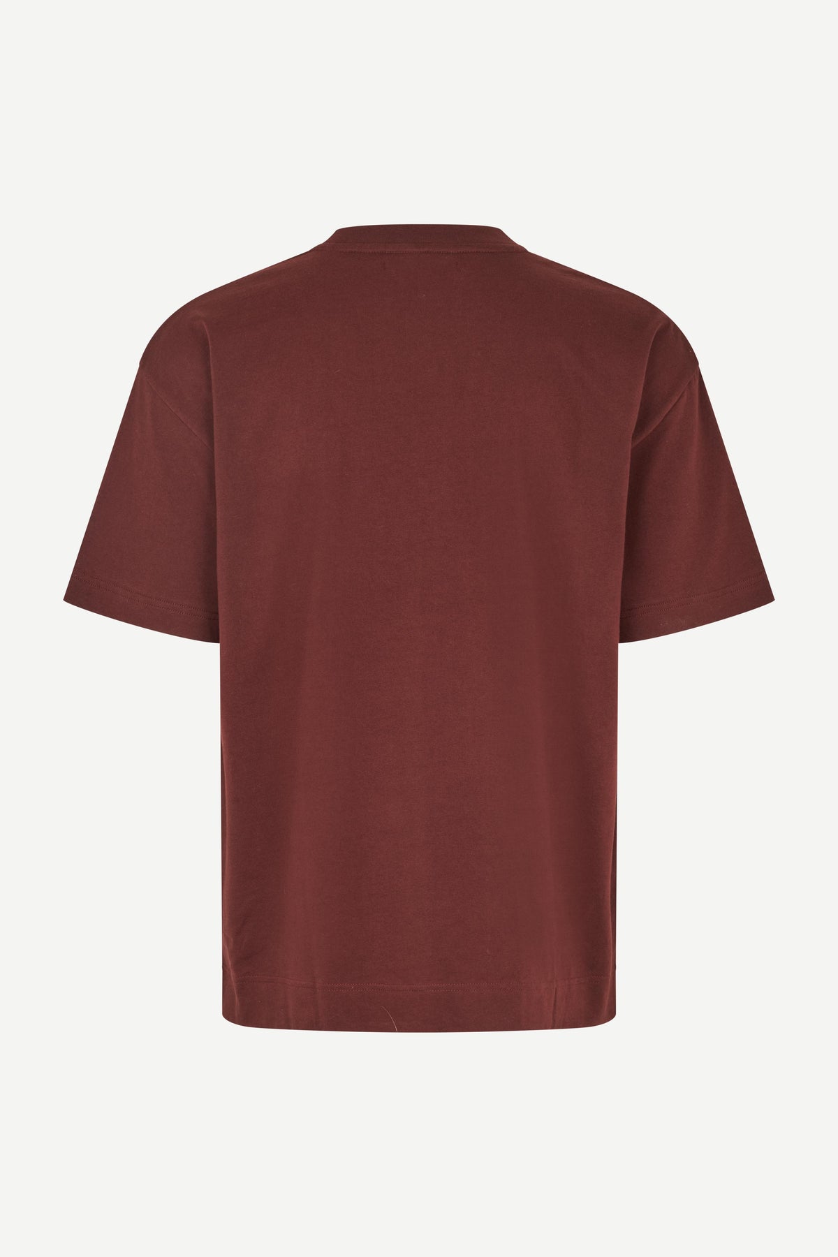 burgundy t shirt with samsoe branding on a white background rear view