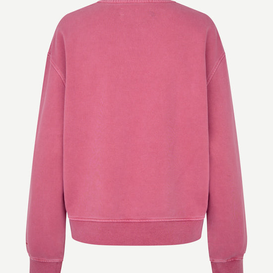 A pink crewneck sweatshirt shown from the back, featuring a relaxed fit with ribbed cuffs and hem, displayed on a clean white background.