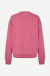 A pink crewneck sweatshirt shown from the back, featuring a relaxed fit with ribbed cuffs and hem, displayed on a clean white background.