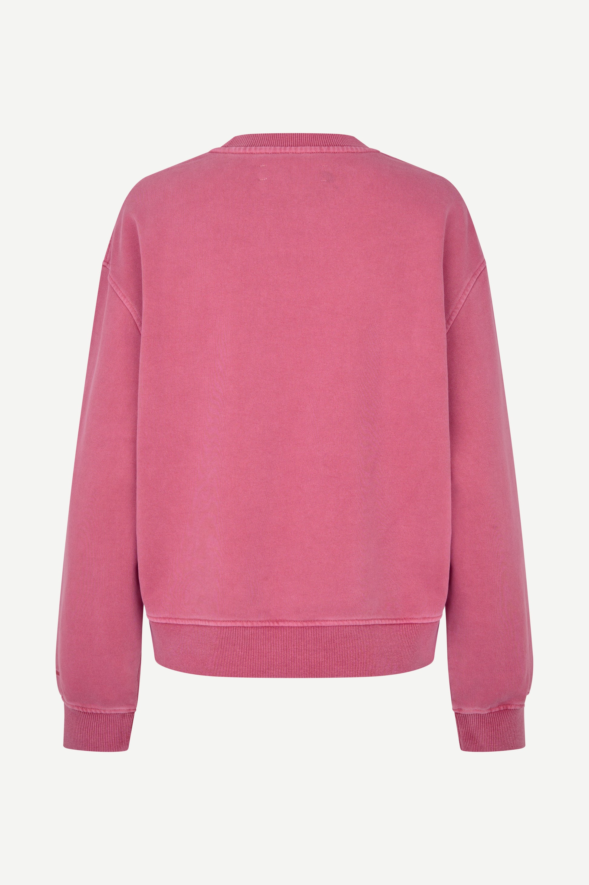 A pink crewneck sweatshirt shown from the back, featuring a relaxed fit with ribbed cuffs and hem, displayed on a clean white background.