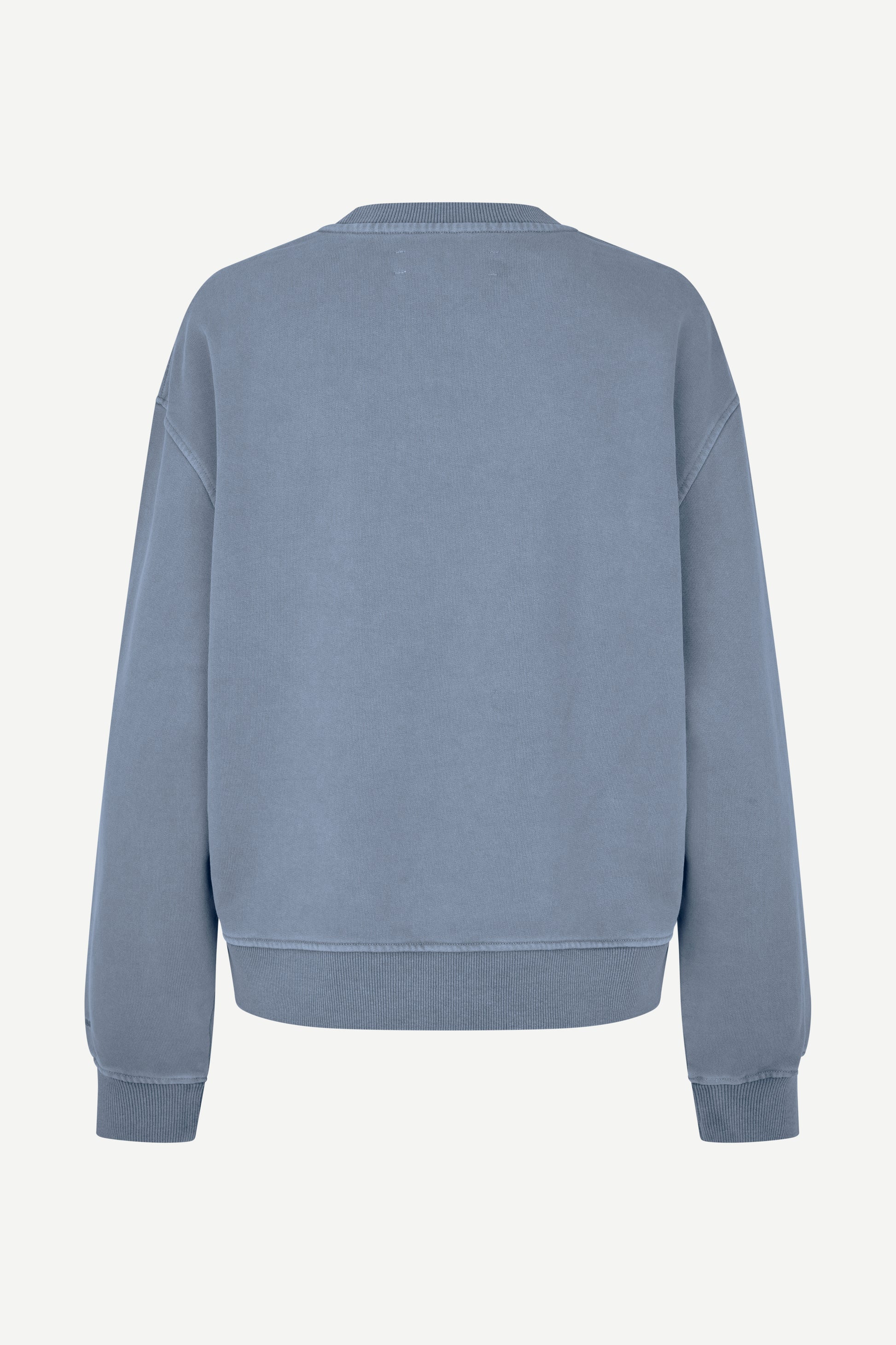 A dusty blue crewneck sweatshirt shown from the back, featuring a relaxed fit with ribbed cuffs and hem, displayed on a clean off-white background.