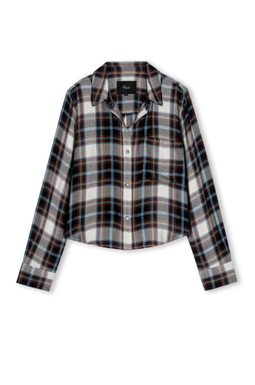A cropped long-sleeve plaid button-up shirt in black, white, and gray, shown flat against a white background.