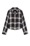 A cropped long-sleeve plaid button-up shirt in black, white, and gray, shown flat against a white background.
