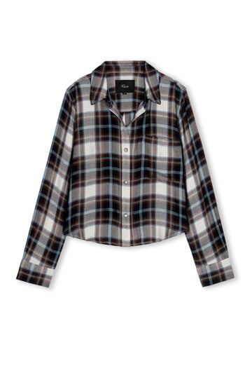 A cropped long-sleeve plaid button-up shirt in black, white, and gray, shown flat against a white background.