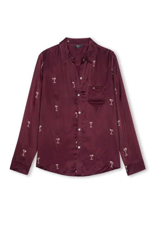A long-sleeve button-up shirt in deep burgundy with a repeating small white cocktail glass pattern, displayed flat against a white background.