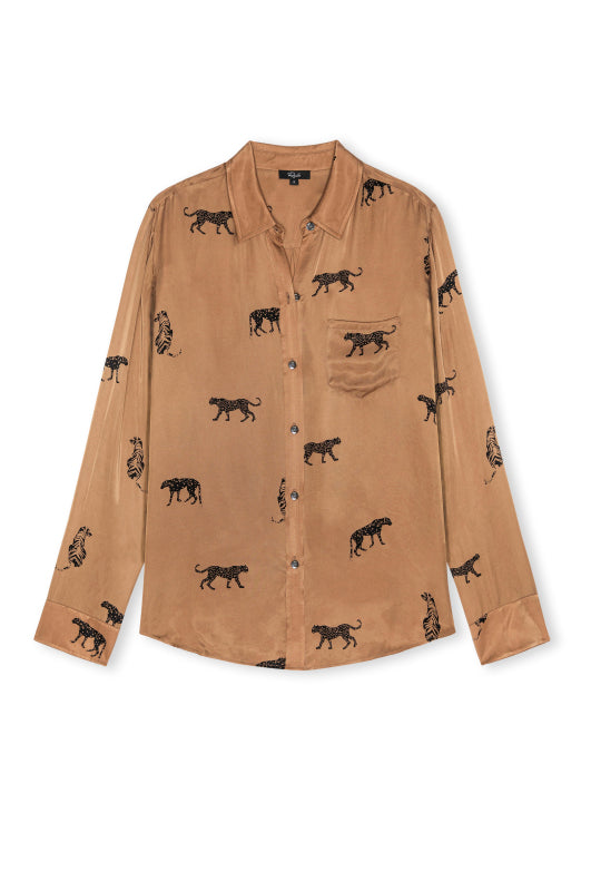 Beige shirt with black animal print on a white background