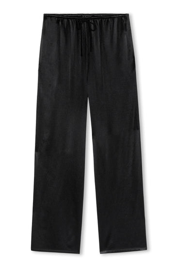 Black wide-leg lounge pants with an elastic drawstring waistband, shown flat against a white background.
