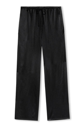 Black wide-leg lounge pants with an elastic drawstring waistband, shown flat against a white background.