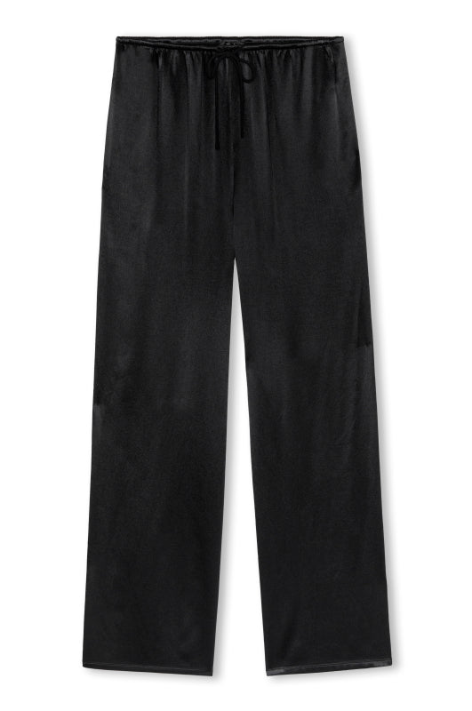 Black wide-leg lounge pants with an elastic drawstring waistband, shown flat against a white background.