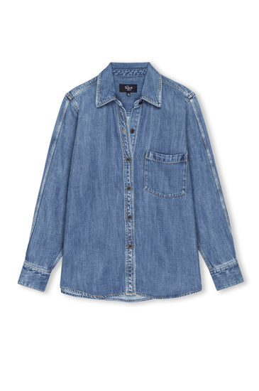 A light blue denim long-sleeve button-up shirt with a chest pocket, displayed flat against a white background.