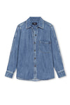 A light blue denim long-sleeve button-up shirt with a chest pocket, displayed flat against a white background.