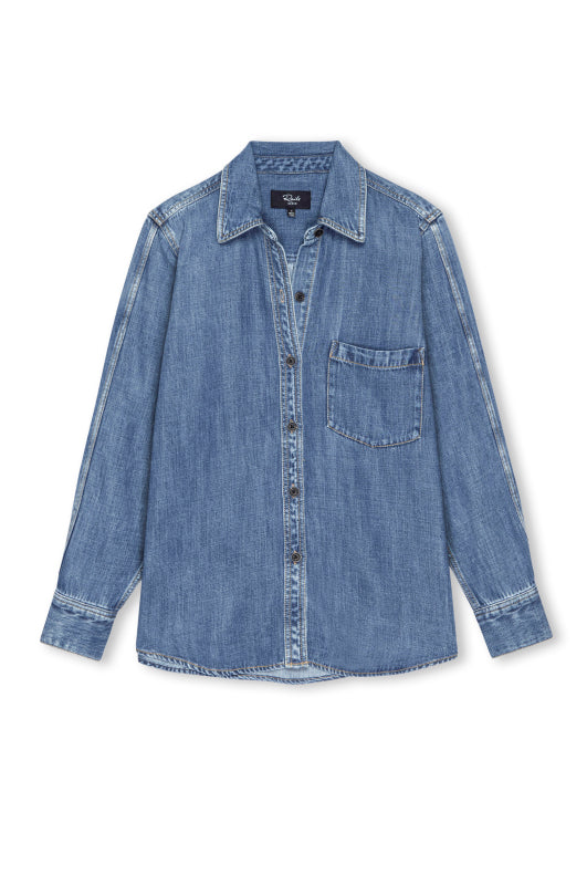 A light blue denim long-sleeve button-up shirt with a chest pocket, displayed flat against a white background.