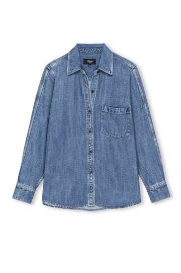 A light blue denim long-sleeve button-up shirt with a chest pocket, displayed flat against a white background.