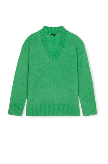 A bright green knit V-neck sweater with long sleeves and ribbed cuffs and hem, displayed flat against a plain white background.