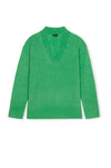 A bright green knit V-neck sweater with long sleeves and ribbed cuffs and hem, displayed flat against a plain white background.