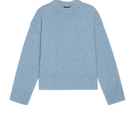 A light blue knit crewneck sweater with long sleeves and ribbed cuffs and hem, displayed flat against a plain white background.