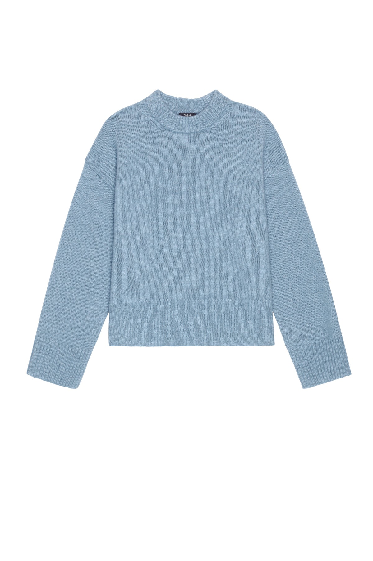A light blue knit crewneck sweater with long sleeves and ribbed cuffs and hem, displayed flat against a plain white background.
