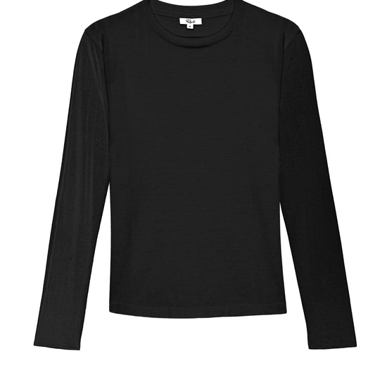 A black long-sleeve crewneck top displayed flat against a plain white background.