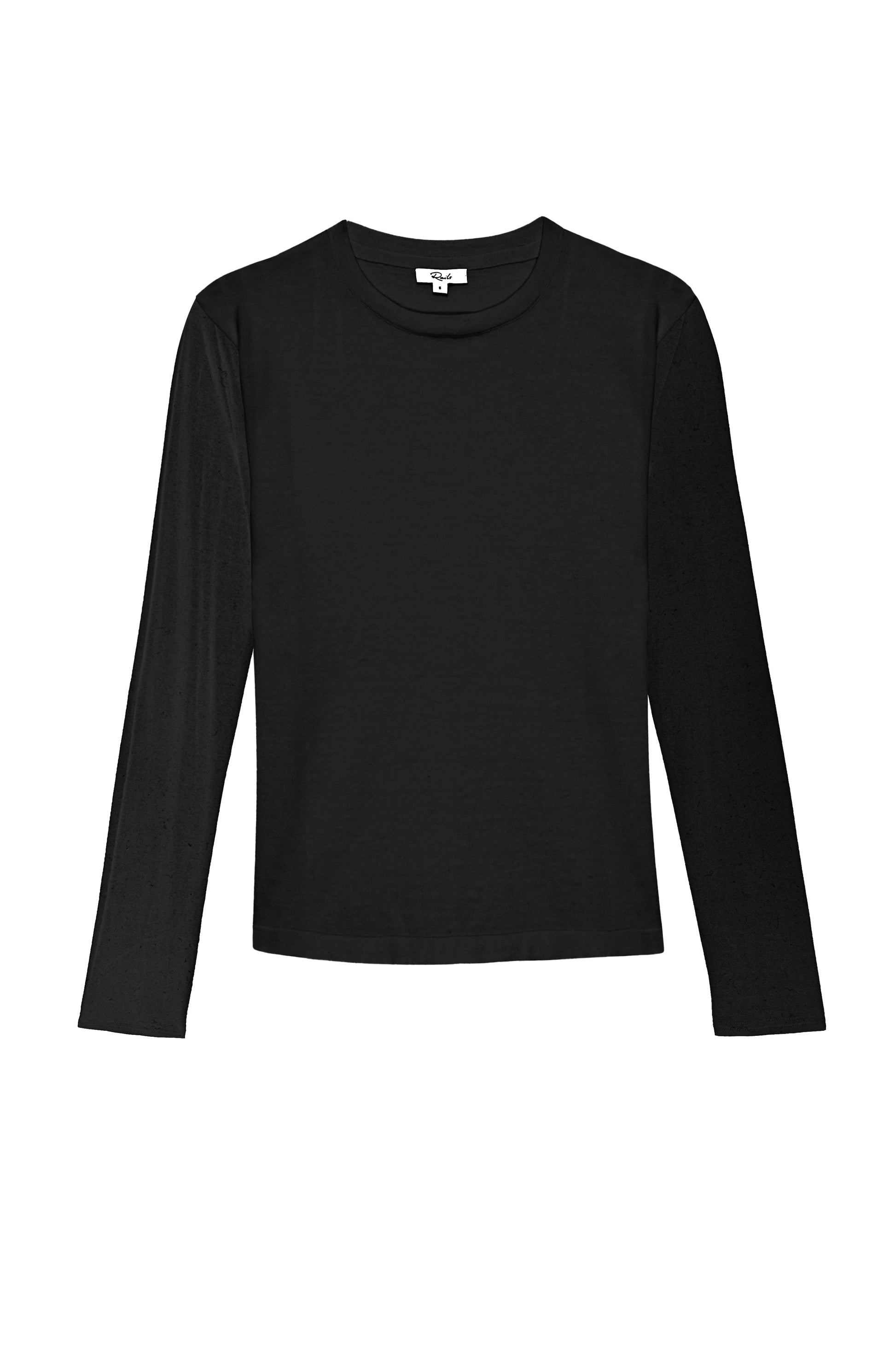 A black long-sleeve crewneck top displayed flat against a plain white background.