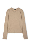 A light beige long-sleeve crewneck sweater displayed flat against a white background.