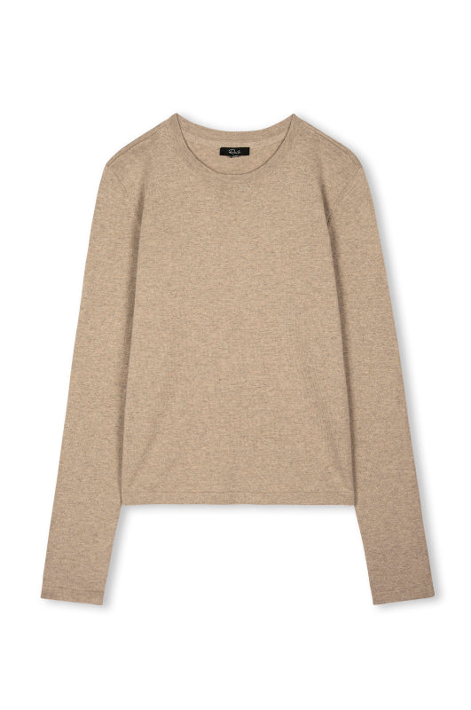 A light beige long-sleeve crewneck sweater displayed flat against a white background.