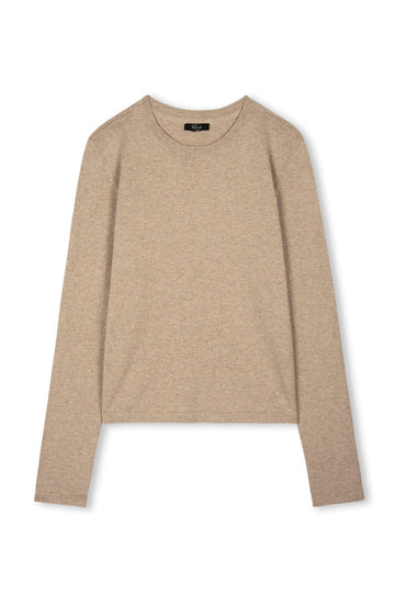 A light beige long-sleeve crewneck sweater displayed flat against a white background.