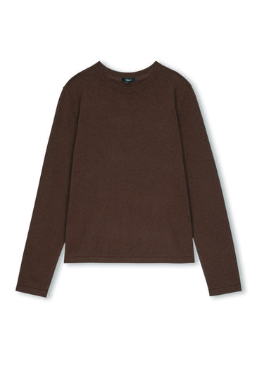 A dark brown long-sleeve crewneck sweater displayed flat against a plain white background.