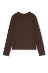 A dark brown long-sleeve crewneck sweater displayed flat against a plain white background.