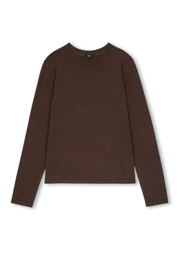 A dark brown long-sleeve crewneck sweater displayed flat against a plain white background.