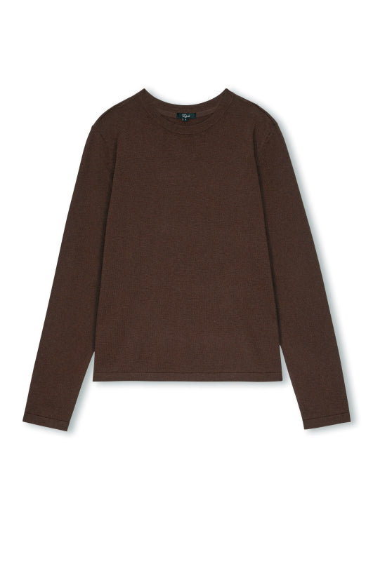 A dark brown long-sleeve crewneck sweater displayed flat against a plain white background.